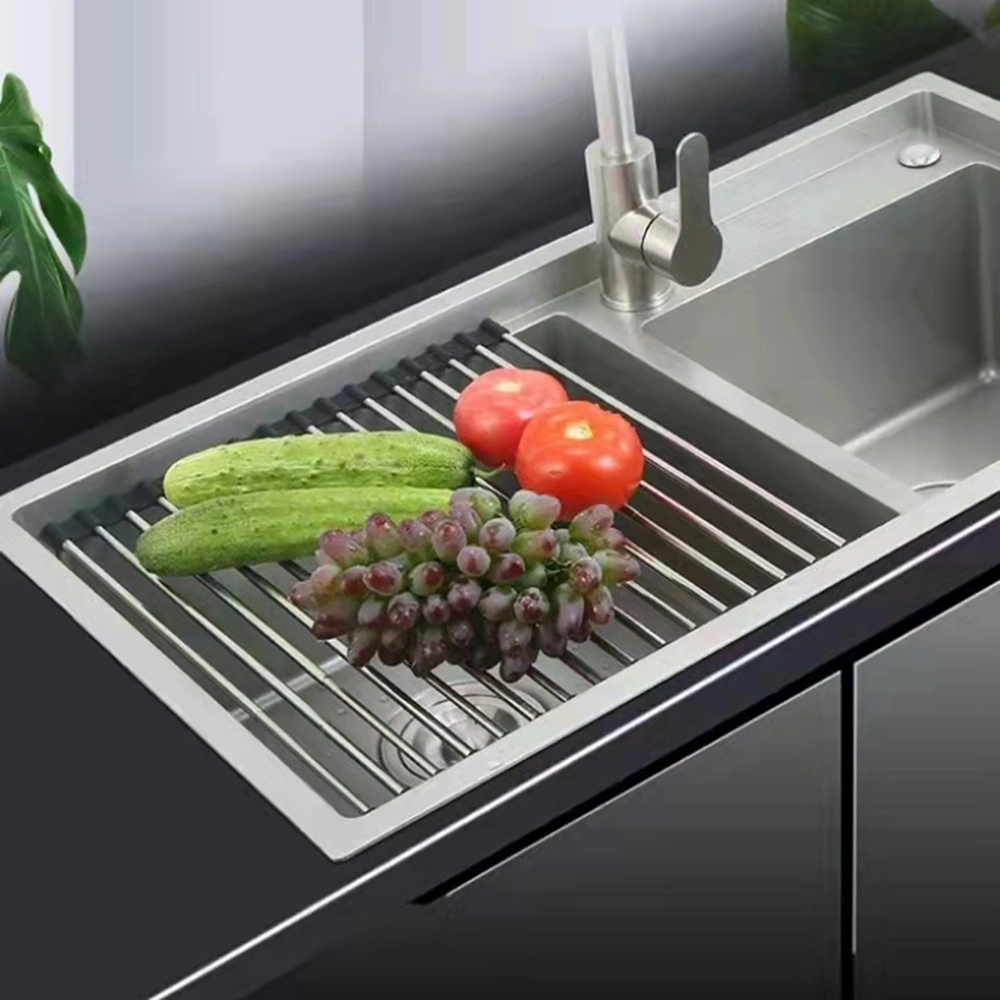 Hot Folding Dish Drying Rack Silicone & Stainless Steel Roll up Kitchen Gadget Tool Supply Rust-Free Dish Drying Rack